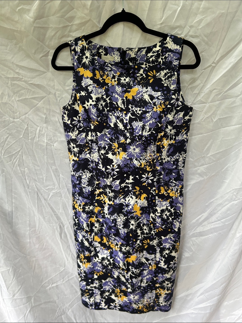 Talbots Navy Floral Sheath Dress with Purple & Yellow Accents 10P